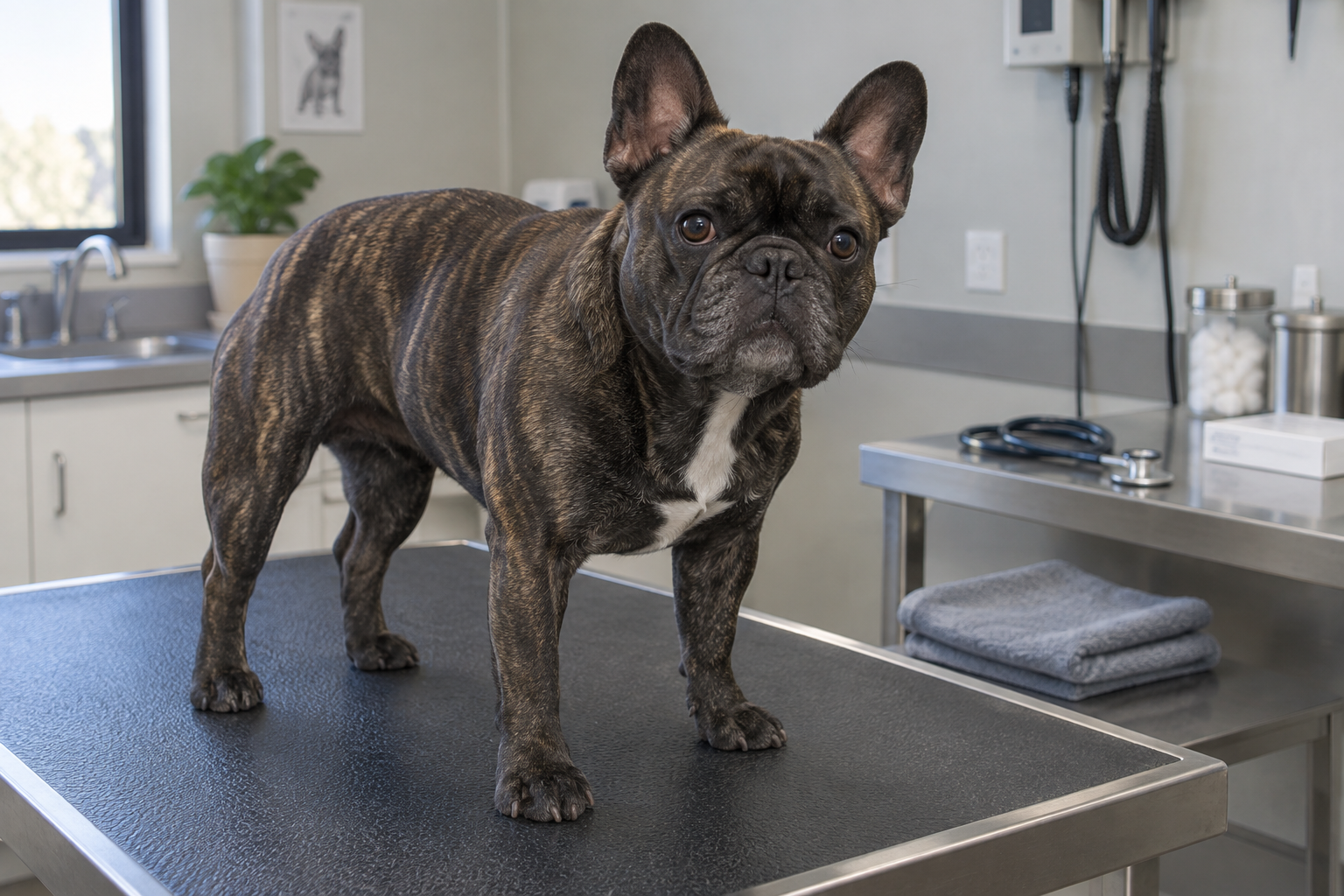 Francouzský buldoček čeká na vyšetření ve veterinární ordinaci
